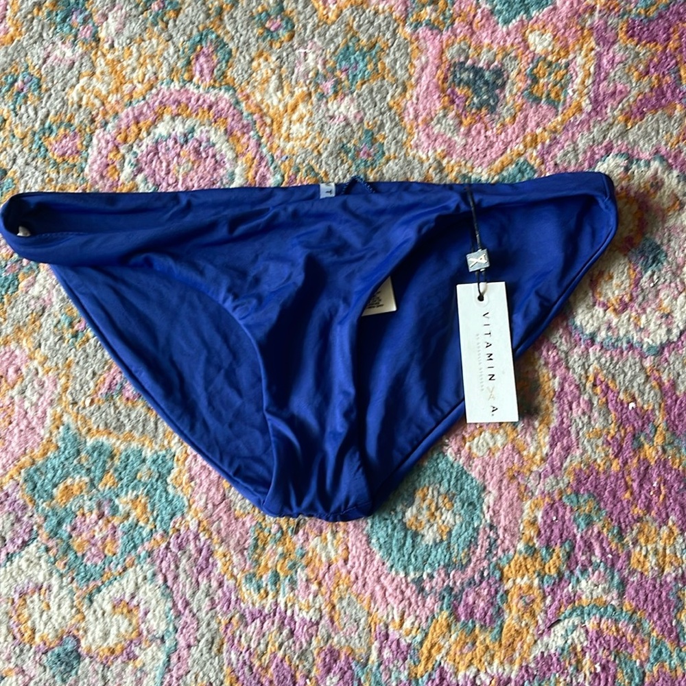 Vitamin A blue bikini bottoms moderate coverage new with tags size extra small.